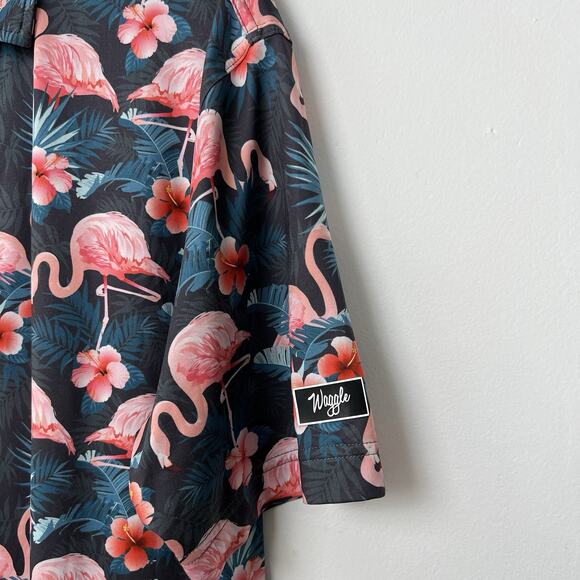 Waggle Golf Polo‎ Shirt Men's Large Navy Jungle Pink Flamingo Hawaiian Blossom - Picture 3 of 7